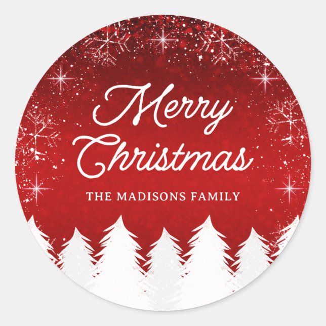 Pegatina Redonda Rojo elegante | Fiesta de Navidades de árboles y c (Anverso)