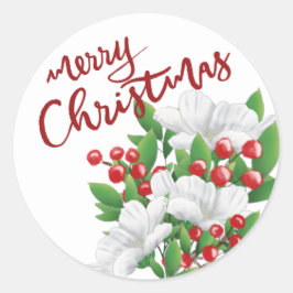 Pegatina Redonda Rojo Feliz Navidad Blanco Rojo Verde Floral