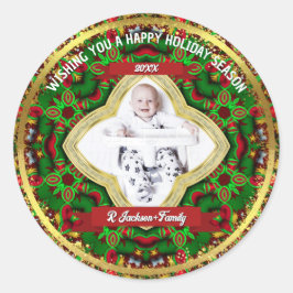 Pegatina Redonda Rojo Festivo Verde Dorado Foto Familiar Navideña