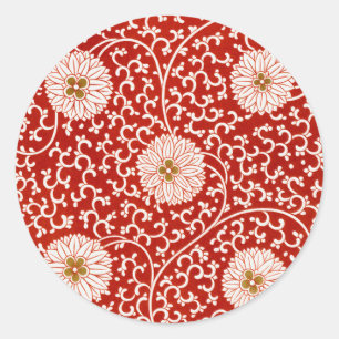 Pegatina Redonda Rojo Floral Vibrante Ornate Patrón Clásico