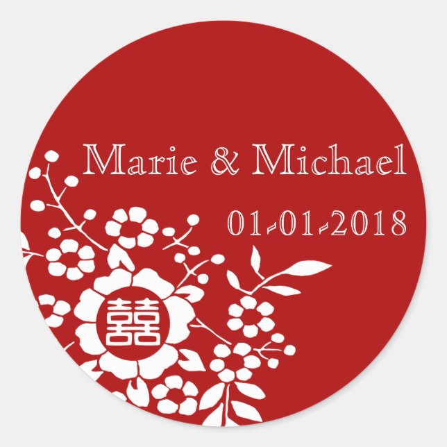 Pegatina Redonda Rojo ・ Flores cortadas de papel ・ Felicidad doble (Anverso)