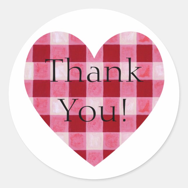 Pegatina Redonda Rojo Gingham Heart Gracias (Anverso)