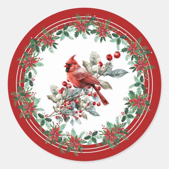 Pegatina Redonda Rojo Mockingbird Poinsettia Borders Elegante (Anverso)