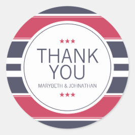 Pegatina Redonda Rojo perrito, franja blanca y azul Gracias Pegatin