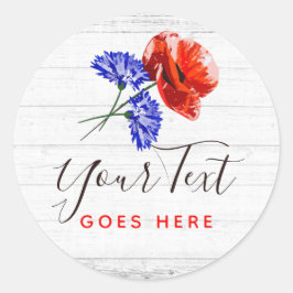 Pegatina Redonda Rojo Poppy & Cornflower Rústico Wood Floral Boutiq