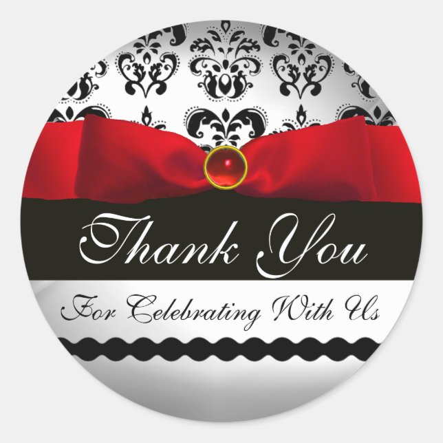 PEGATINA REDONDA ROJO RIBBON NEGRO Y BLANCO DAMASK (Anverso)