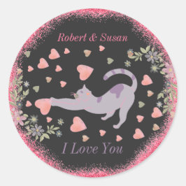 Pegatina Redonda Rojo rosado te amo a tu gato Día de San Valentín m