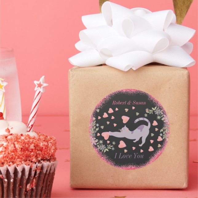 Pegatina Redonda Rojo rosado te amo a tu gato Día de San Valentín m (Fiesta)