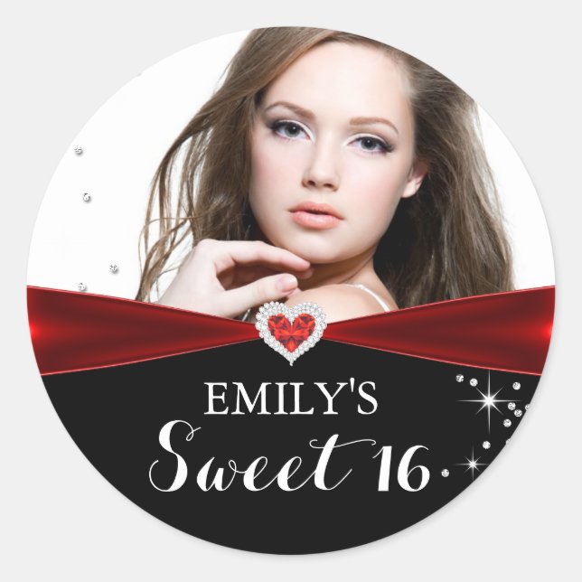 Pegatina Redonda Rojo Sparkle Heart Photo Sweet Dieciséis Pegatinas (Anverso)