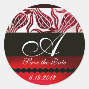 Pegatina Redonda ROJO VELVET DAMASK TULIPS MONOGRAM Borgoña Blanco