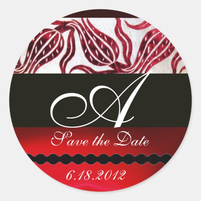 Pegatina Redonda ROJO VELVET DAMASK TULIPS MONOGRAM Borgoña Blanco (Anverso)