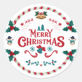 Pegatina Redonda Rojo y Blanco Moderno Ilustrativo Feliz Navidad