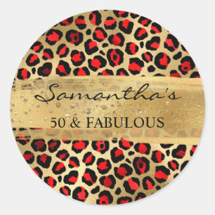Pegatina Redonda Rojo y dorado Leopardo 50 y fabuloso