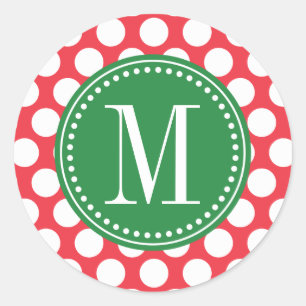 Pegatina Redonda Rojo y Verde   Grandes puntos de polka monogramado