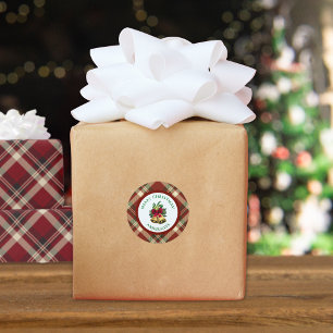 Pegatina Redonda Rojo y Verde Tartán Navidad Personalizado