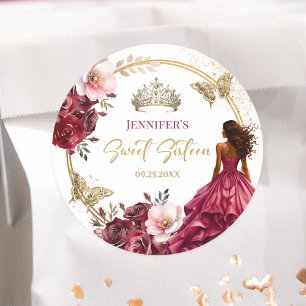 Pegatina Redonda Rojoburdeos Tono rosado Dorado Floral Princesa Dul