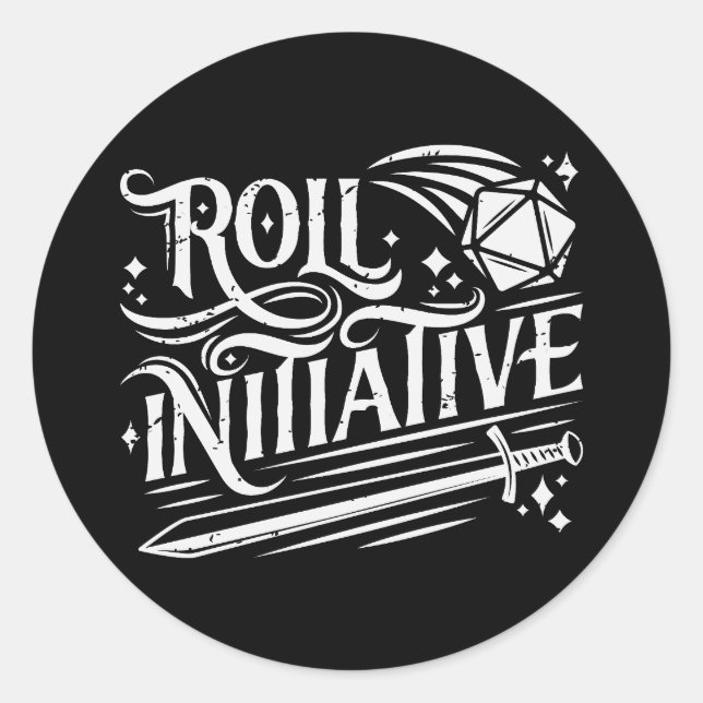 Pegatina Redonda Roll Initiative Vintage D20 Sword (Anverso)