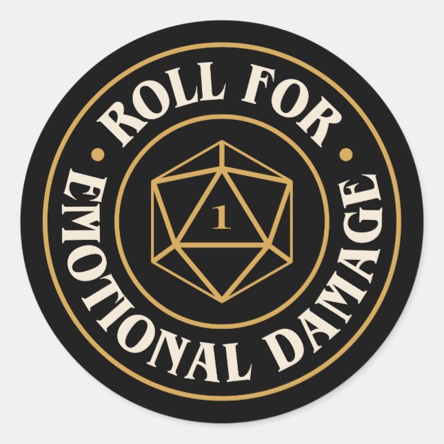 Pegatina Redonda Roll Por Daños Emocionales Divertidos D20 (Anverso)