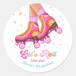 Pegatina Redonda Roller Skate Let's Roll Skating Girl Birthday