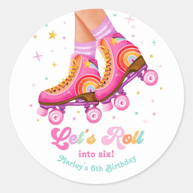 Pegatina Redonda Roller Skate Let's Roll Skating Girl Birthday (Anverso)