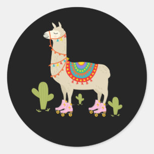 Pegatina Redonda Roller Skater Llama Retro Roller Skater Animal