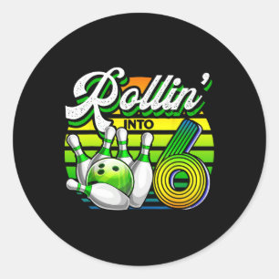 Pegatina Redonda Rollin' en 6 bolas retro bolera 6 cumpleaños