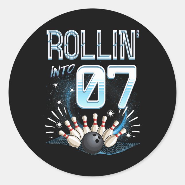 Pegatina Redonda Rollin' En 7 Bowling Cumpleaños 7Bday Bowler Bday  (Anverso)