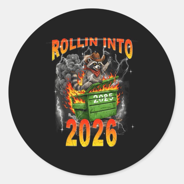 Pegatina Redonda Rollin Into 2026 New Year 2026 Raccoon Cowboy Vint (Anverso)