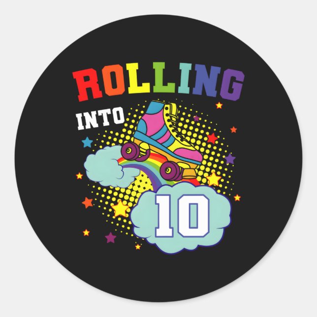 Pegatina Redonda Rolling In 10 Roller Skates Skating Bdaypy (Anverso)