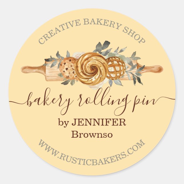 Pegatina Redonda Rolling Pin Bakery Cookies Pan elegante amarillo (Anverso)
