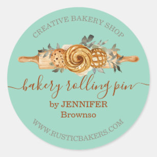 Pegatina Redonda Rolling Pin Bakery Cookies Pan elegante verde