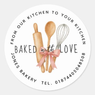 Pegatina Redonda Rollo acuarela, Cuchara de madera y Whisk Stick