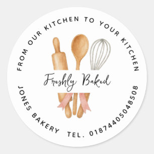 Pegatina Redonda Rollo acuarela, Cuchara de madera y Whisk Stick