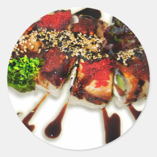 Pegatina Redonda Rollo de Sushi Sésamo Jengibre Wasabi Cocina Japón