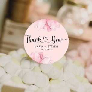 Pegatina Redonda Romance floral rosado moderno Gracias boda