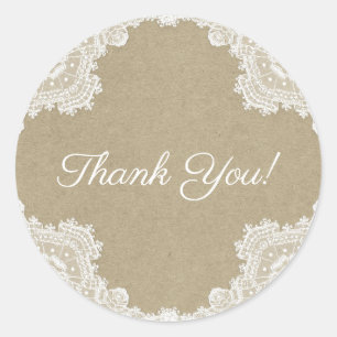 Pegatina Redonda Romance Rústico Elegante Blanco Encaje & Boda Kraf