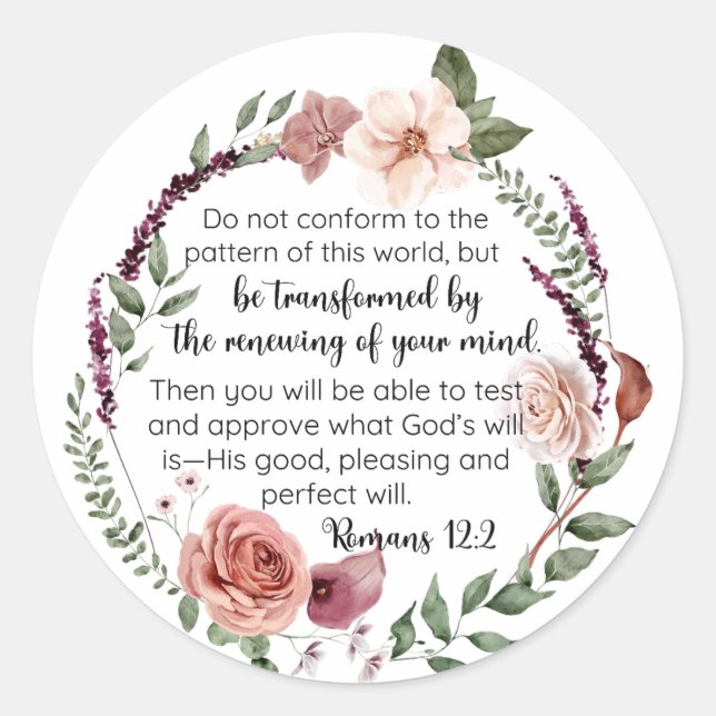 Pegatina Redonda Romanos 12:2 No se ajusta al patrón Floral (Anverso)