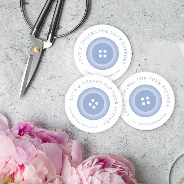 Pegatina Redonda Romantic Baby Blue Button Love & Thank  (Romantic Baby Blue Button Love & Thanks Quote Classic Round Sticker for Support Small Business.)