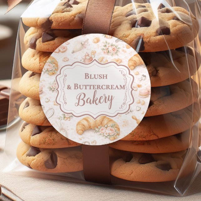 Pegatina Redonda Romantic Blush Croissant Bakery Business (Subido por el creador)