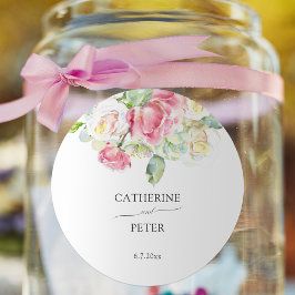 Pegatina Redonda Romantic Blush Pink/Ivory Watercolor Roses Wedding