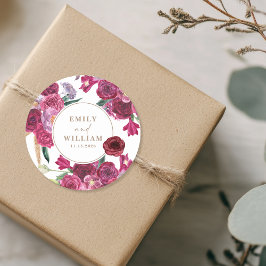 Pegatina Redonda Romantic Burgundy Floral Wedding couple names