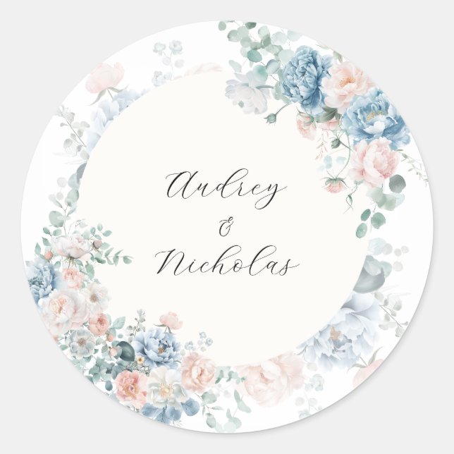 Pegatina Redonda Romantic Classic Calligraphy Floral Wedding (Anverso)