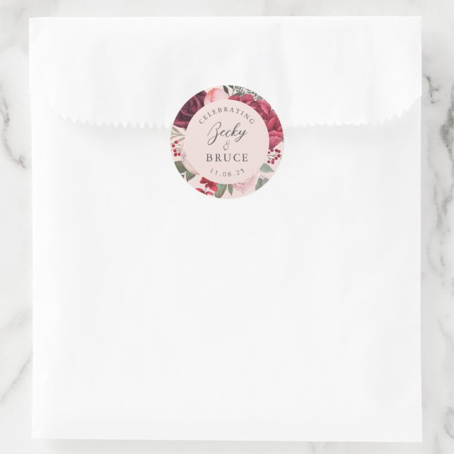 Pegatina Redonda Romantic Pink Bridal Bouquet Bride & Groom (Bolso)