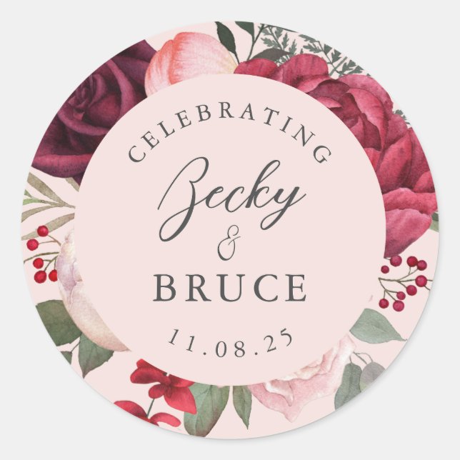 Pegatina Redonda Romantic Pink Bridal Bouquet Bride & Groom Names (Anverso)