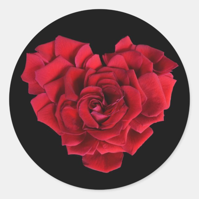 Pegatina Redonda Romantic Red Rose Heart on Black (Anverso)