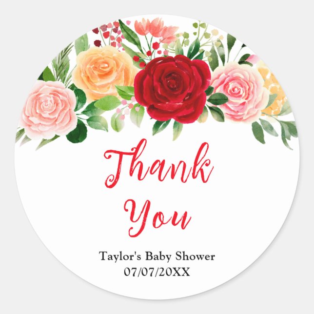 Pegatina Redonda Romantic Roses Floral Baby Shower Thank You (Anverso)