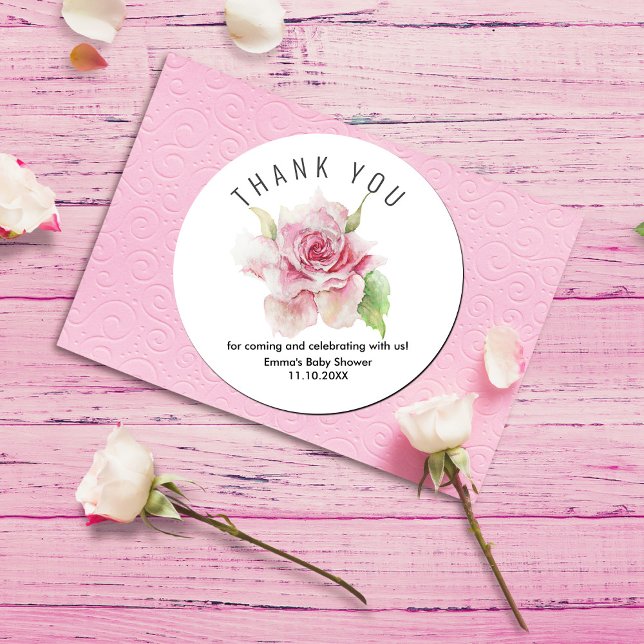 Pegatina Redonda Romantic Soft Pink Thank You (Romantic Soft Pink Thank You Classic Round Sticker #zazzle made #romanticthankyousticker #watercolor)