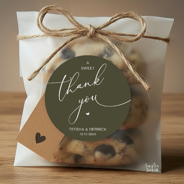 Pegatina Redonda Romantic Wedding A Sweet Thank You Cookies (Romantic Wedding A Sweet Thank You Cookies Classic Round Sticker in olive green)