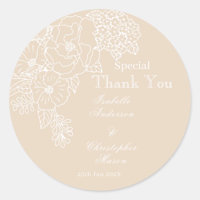 Pegatina Redonda Romantic Wedding Peonies Delicate Ivory  (Anverso)