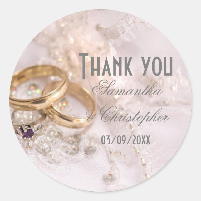 Pegatina Redonda Romantic wedding rings thank you (Anverso)